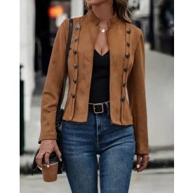   Faux Suede Stand Collar Jacket Open Front Button Decor Casual Coat