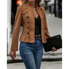 Faux Suede Stand Collar Jacket Open Front Button Decor Casual Coat