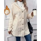 Argyle Textured Button Down Side Slit Long Sleeve Fleece Teddy Coat Hooded Jacket Warm Outwear