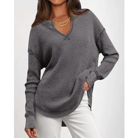  Waffle Knit Notch Neck Long Sleeve Top Slit Casual Pullover Tee with Detachable Chain