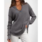 Waffle Knit Notch Neck Long Sleeve Top Slit Casual Pullover Tee with Detachable Chain