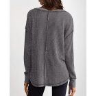 Waffle Knit Notch Neck Long Sleeve Top Slit Casual Pullover Tee with Detachable Chain