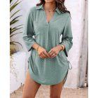 V-Neck Roll Up Sleeve Hollow-out Drawstring Mini Dress Vacation Dress
