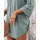 V-Neck Roll Up Sleeve Hollow-out Drawstring Mini Dress Vacation Dress