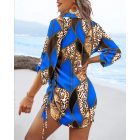 Leopard Colorblock V-Neck Roll Up Sleeve Hollow-out Drawstring Mini Dress Cover-ups