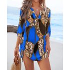Leopard Colorblock V-Neck Roll Up Sleeve Hollow-out Drawstring Mini Dress Cover-ups