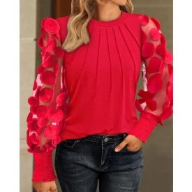   Contrast Lace Round Neck Lantern Sleeve Ruched Blouse Elegant Shirt