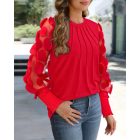 Contrast Lace Round Neck Lantern Sleeve Ruched Blouse Elegant Shirt