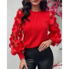 Contrast Lace Round Neck Lantern Sleeve Ruched Blouse Elegant Shirt