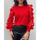 Contrast Lace Round Neck Lantern Sleeve Ruched Blouse Elegant Shirt