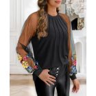 Floral Embroidery Round Neck Lantern Sleeve Blouse Sexy Sheer Mesh Patch Ruched Top