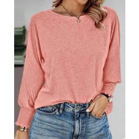   Round Neck Shirred Lantern Sleeve Long Sleeve Softy Basic T-Shirt Casual Tee