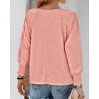 Round Neck Shirred Lantern Sleeve Long Sleeve Softy Basic T-Shirt Casual Tee