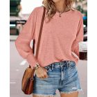 Round Neck Shirred Lantern Sleeve Long Sleeve Softy Basic T-Shirt Casual Tee