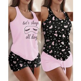   2PCS Pajamas Sets Floral Print U Neck Sleeveless Tank Top and Casual Drawstring Shorts Set