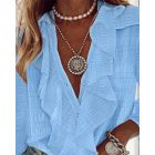 V-Neck Eyelash Lace Patch Ruffles Button Down Blouse Top