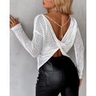 Pearls Strap Backless Twisted Knit Sweater Hollow Out Long Sleeve Top