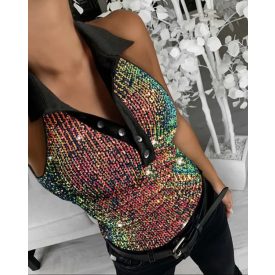  Contrast Sequin Turn-down Collar Sleeveless Tank Button Design Casual Slim Fit Top