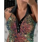 Contrast Sequin Turn-down Collar Sleeveless Tank Button Design Casual Slim Fit Top