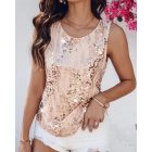 Glitter Sequin Round Neck Sleeveless Blouses Shirts Casual Sparkle Tank Top