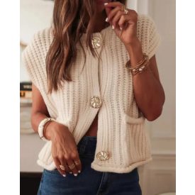   V-Neck Sleeveless Button Front Knit Vest Casual Loose Fit Sweater Top with Pockets