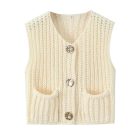 V-Neck Sleeveless Button Front Knit Vest Casual Loose Fit Sweater Top with Pockets