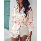 Floral Pattern Long Sleeve Shirt Eyelet Embroidery Pocket Design Blouse Top