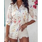 Floral Pattern Long Sleeve Shirt Eyelet Embroidery Pocket Design Blouse Top