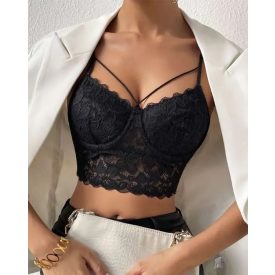   V-Neck Lace Crop Cami Top Spaghetti Strap Two Layer Bralette Bustier Tops