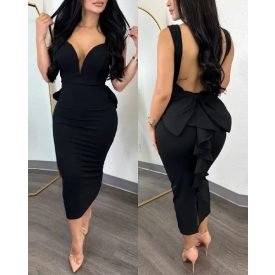 Plunge Ruffle Hem Backless Party Dress