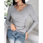 ChicMe Built-in Bra Notch Neck Long Sleeve Shirts Rib-Knit Ruched Waist Top