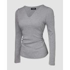 ChicMe Built-in Bra Notch Neck Long Sleeve Shirts Rib-Knit Ruched Waist Top