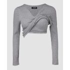 ChicMe Built-in Bra Notch Neck Long Sleeve Shirts Rib-Knit Ruched Waist Top