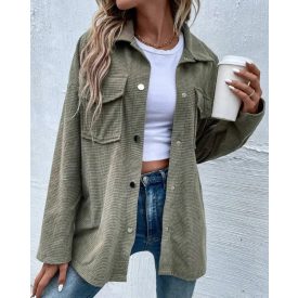   Turn-down Collar Long Sleeve Button Down Waffle Knit Shacket Loose Fit Coat with Pockets