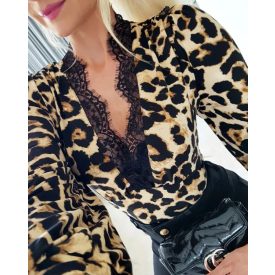   Leopard Print Contrast Lace Slim Fit Top Long Sleeve Plunge Blouse