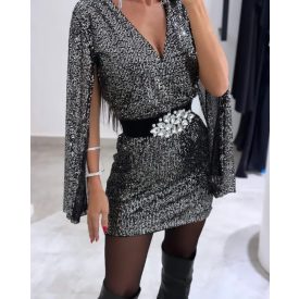   Elegant Rhinestone Belt Allover Sequin Bodycon Dress V-Neck Cape Sleeve Party Club Dress