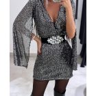 Elegant Rhinestone Belt Allover Sequin Bodycon Dress V-Neck Cape Sleeve Party Club Dress