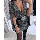 Elegant Rhinestone Belt Allover Sequin Bodycon Dress V-Neck Cape Sleeve Party Club Dress