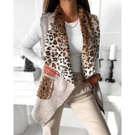 Reversible Leopard Pattern Fuzzy Fleece Lined Vest Lapel Sleeveless Casual Coat with Pockets