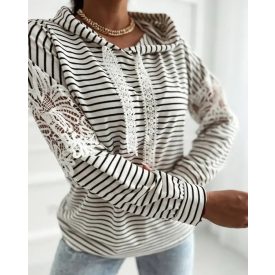   Striped Contrast Floral Lace Patch Hoodie Pullover Long Sleeve Casual Sweatshirt