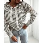 Striped Contrast Floral Lace Patch Hoodie Pullover Long Sleeve Casual Sweatshirt