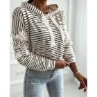 Striped Contrast Floral Lace Patch Hoodie Pullover Long Sleeve Casual Sweatshirt
