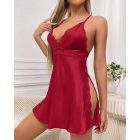 V-Neck Crisscross Backless Sleep Dress Lace Patch Side Slit Babydoll