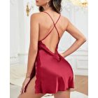 V-Neck Crisscross Backless Sleep Dress Lace Patch Side Slit Babydoll