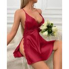 V-Neck Crisscross Backless Sleep Dress Lace Patch Side Slit Babydoll