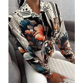   Floral Print Turn-down Collar Shirt Long Sleeve Blouse with Pocket