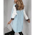 Leopard Print Striped Dip Hem Loose Fit Casual Blouse Button Front Shirt