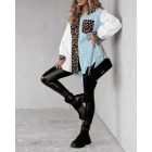 Leopard Print Striped Dip Hem Loose Fit Casual Blouse Button Front Shirt