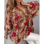Colorblock Leopard Print Stand Collar Casual Blouse Lantern Sleeve Loose Fit Top