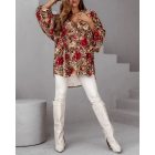 Colorblock Leopard Print Stand Collar Casual Blouse Lantern Sleeve Loose Fit Top